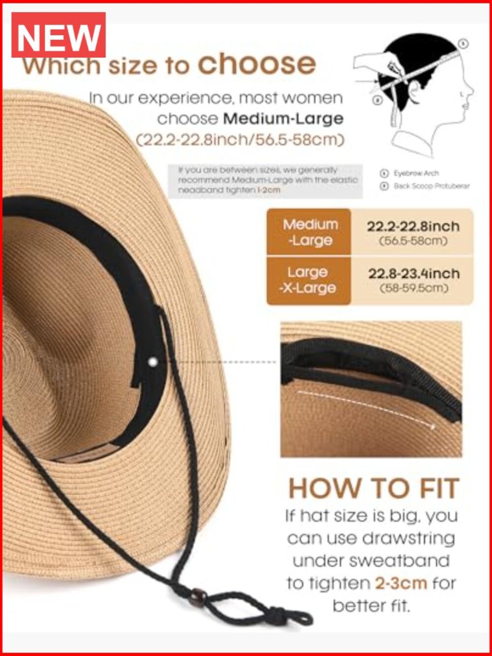 Cowboy Sun Hat with Wind Lanyard - Adjustable Lightweight Paper Blend - Picture 4 of 7